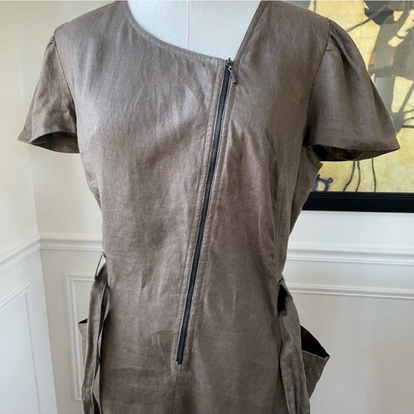 Animale Mocha Linen Asymmetrical Zip Sheath Dress Bucket Pockets 8 modern - Picture 9 of 13
